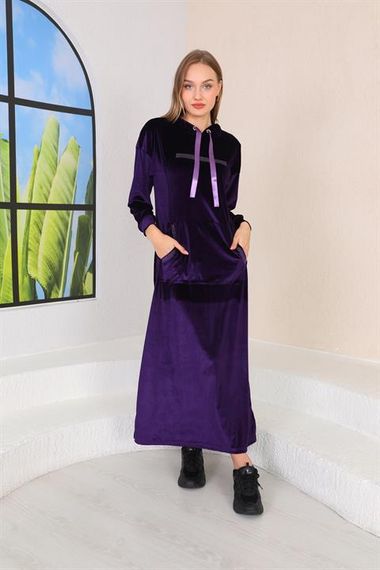 Stone Printed Kangaroo Pocket Velvet Long Dress PURPLE - photo 3