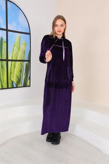 Stone Printed Kangaroo Pocket Velvet Long Dress PURPLE - photo 2