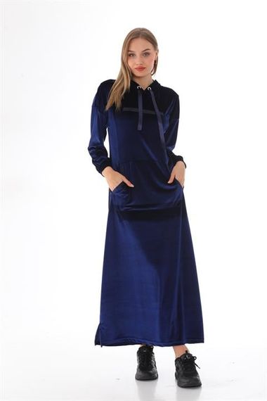 Stone Printed Kangaroo Pocket Velvet Long Dress DARK BLUE - photo 2