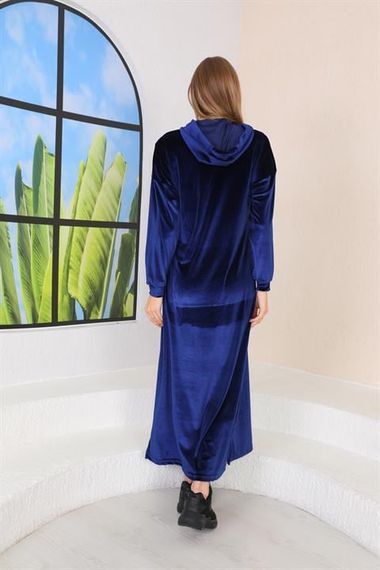 Stone Printed Kangaroo Pocket Velvet Long Dress DARK BLUE - photo 5