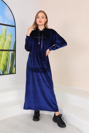 Stone Printed Kangaroo Pocket Velvet Long Dress DARK BLUE - photo 4