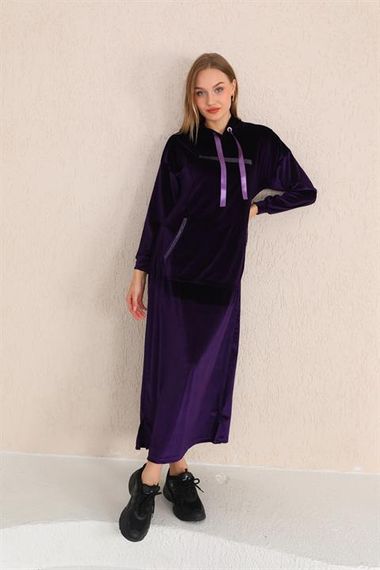 Stone Printed Kangaroo Pocket Velvet Long Dress PURPLE - photo 5