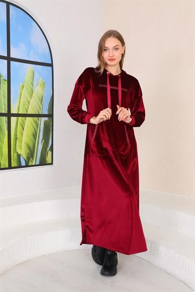 Stone Printed Kangaroo Pocket Velvet Long Dress Claret Red - photo 4