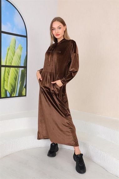 Stone Printed Kangaroo Pocket Velvet Long Dress BROWN - photo 3