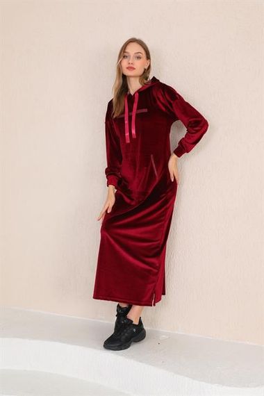 Stone Printed Kangaroo Pocket Velvet Long Dress Claret Red - photo 2