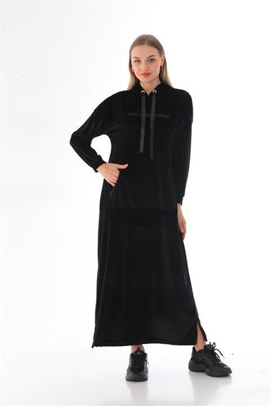 Stone Printed Kangaroo Pocket Velvet Long Dress BLACK - photo 2