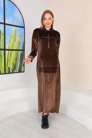 Stone Printed Kangaroo Pocket Velvet Long Dress BROWN - photo 5