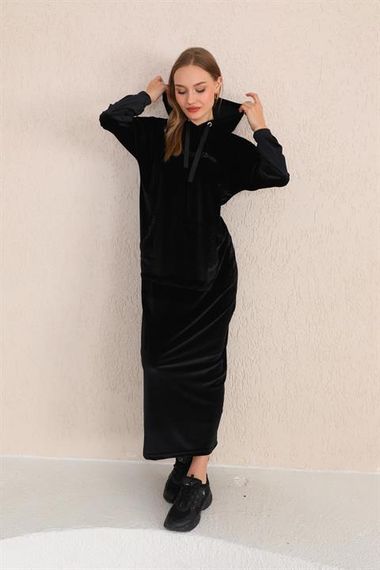 Stone Printed Kangaroo Pocket Velvet Long Dress BLACK - photo 1