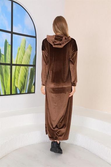 Stone Printed Kangaroo Pocket Velvet Long Dress BROWN - photo 4