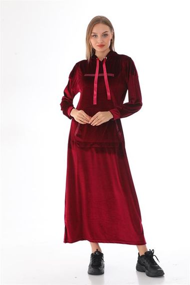 Stone Printed Kangaroo Pocket Velvet Long Dress Claret Red - photo 3