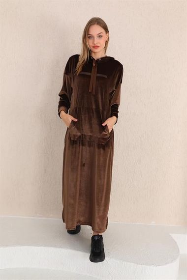 Stone Printed Kangaroo Pocket Velvet Long Dress BROWN - photo 1