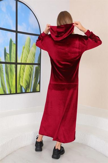 Stone Printed Kangaroo Pocket Velvet Long Dress Claret Red - photo 5