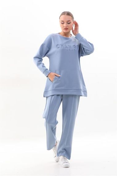 Women's Baby Blue Crew Neck Sweat Wide Leg Pants Sports Suit - photo 1