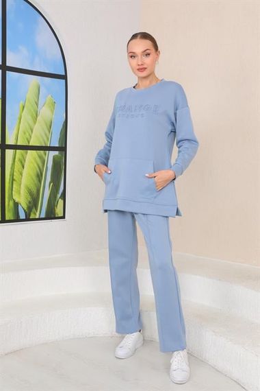 Women's Baby Blue Crew Neck Sweat Wide Leg Pants Sports Suit - photo 4