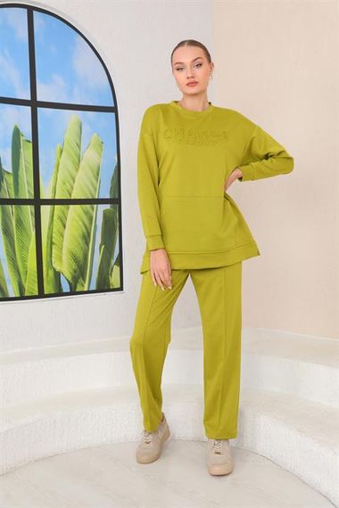 Women's GREEN Color Crew Neck Sweat Wide Leg Trousers Sports Suit - photo 4