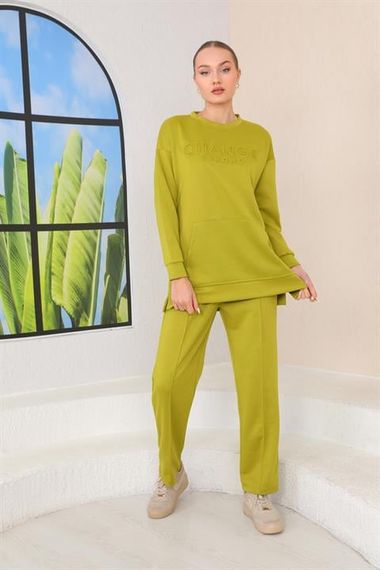 Women's GREEN Color Crew Neck Sweat Wide Leg Trousers Sports Suit - photo 2