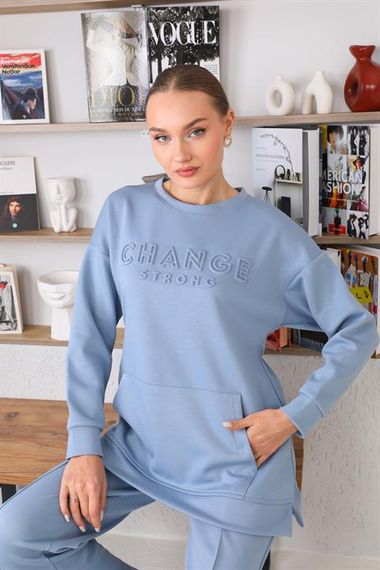 Women's Baby Blue Crew Neck Sweat Wide Leg Pants Sports Suit - photo 5