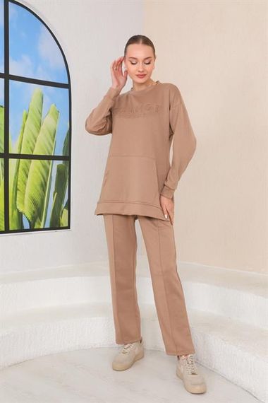 Women's MINK Color Crew Neck Sweat Wide Leg Trousers Sports Suit - photo 2