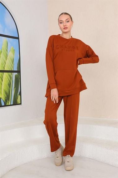 Women's TABA Color Crew Neck Sweat Wide Leg Trousers Sports Suit - photo 5