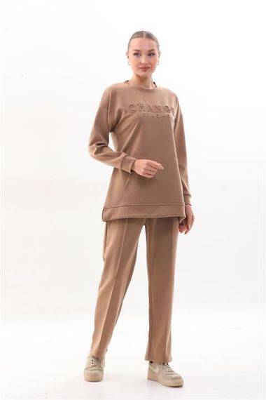 Women's MINK Color Crew Neck Sweat Wide Leg Trousers Sports Suit - photo 1