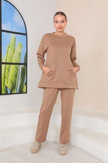 Women's MINK Color Crew Neck Sweat Wide Leg Trousers Sports Suit - photo 4