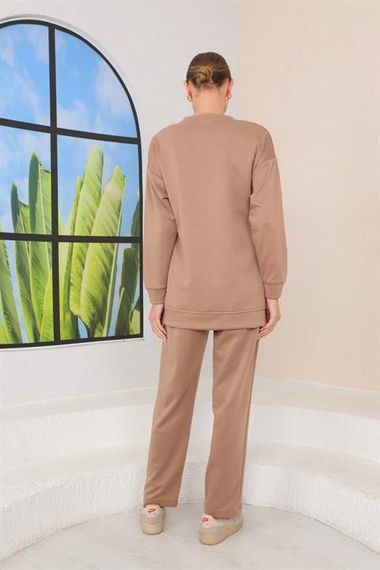 Women's MINK Color Crew Neck Sweat Wide Leg Trousers Sports Suit - photo 3