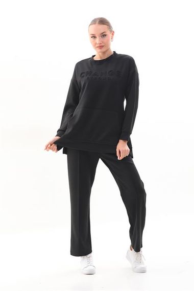 Women's BLACK Color Crew Neck Sweat Wide Leg Trousers Sports Suit - photo 1