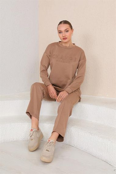 Women's MINK Color Crew Neck Sweat Wide Leg Trousers Sports Suit - photo 5