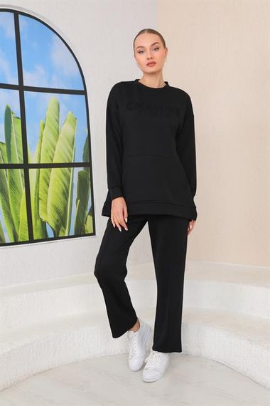 Women's BLACK Color Crew Neck Sweat Wide Leg Trousers Sports Suit - photo 3