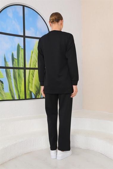 Women's BLACK Color Crew Neck Sweat Wide Leg Trousers Sports Suit - photo 4