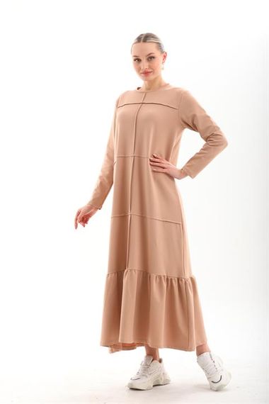 BEIGE Blocked Skirt with Frills Hijab Daily Long Sport Casual Dress - photo 1