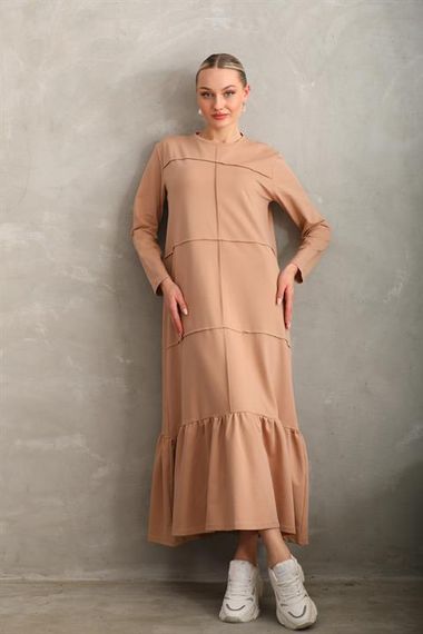 BEIGE Blocked Skirt with Frills Hijab Daily Long Sport Casual Dress - photo 5