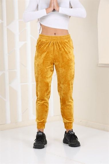 Hardal Renk Kadife Eşofman Altı - Pijama - Jogger Model - fotoğraf 2