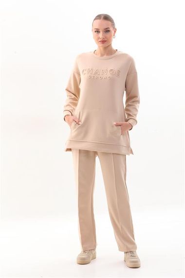 Women's BEIGE Color Crew Neck Sweat Wide Leg Trousers Sports Suit - photo 1