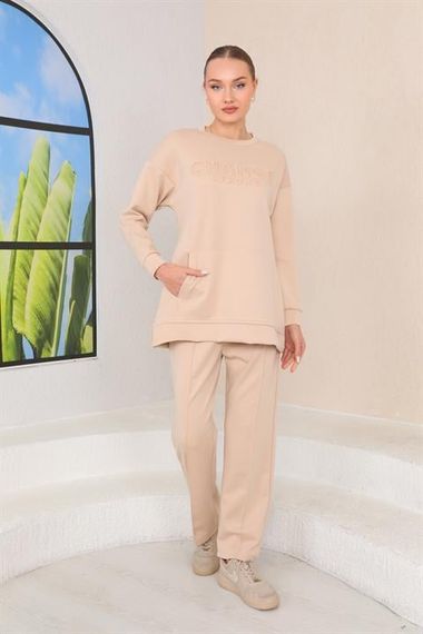 Women's BEIGE Color Crew Neck Sweat Wide Leg Trousers Sports Suit - photo 2