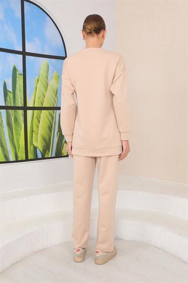 Women's BEIGE Color Crew Neck Sweat Wide Leg Trousers Sports Suit - photo 3