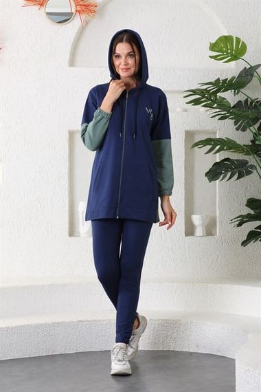 Navy Blue Mint Women's Hooded Zippered Cap- Jogger Tracksuit Set - photo 3