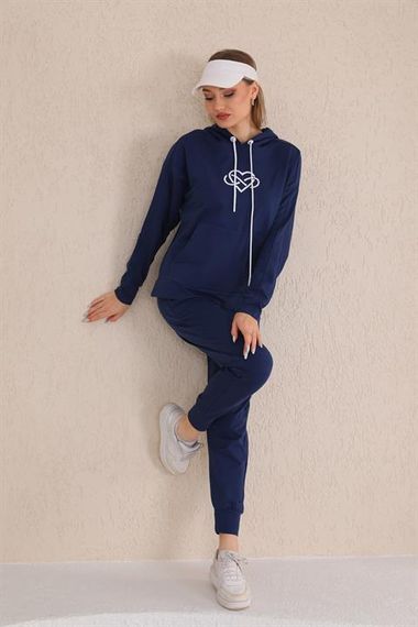 Heart Patterned Daily Sweat Jogger Women's Sports Combined Navy Blue - photo 3