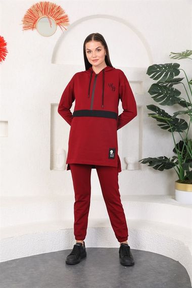 Жіночий бордовий спортивний костюм з капюшоном – свитшот та джоггери - фото 2