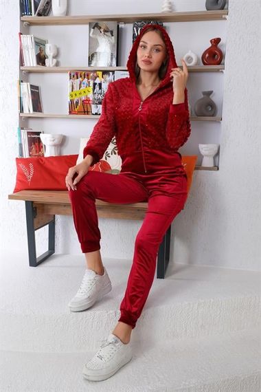 Женский комплект спортивной одежды из бордового плюша и бархата с капюшоном, карманами и стильным дизайном идеально подходит для повседневной носки - фото 1
