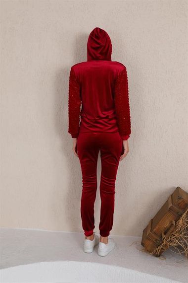 Женский комплект спортивной одежды из бордового плюша и бархата с капюшоном, карманами и стильным дизайном идеально подходит для повседневной носки - фото 4