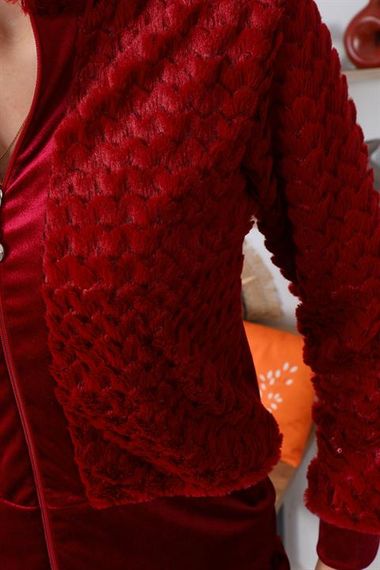 Женский комплект спортивной одежды из бордового плюша и бархата с капюшоном, карманами и стильным дизайном идеально подходит для повседневной носки - фото 5