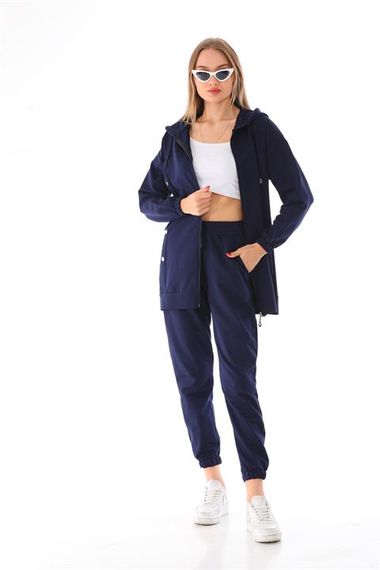 Женский спортивный костюм с кнопками сбоку, цвет темно-синий, высший класс, удобный и стильный для повседневной носки - фото 1