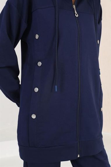 Женский спортивный костюм с кнопками сбоку, цвет темно-синий, высший класс, удобный и стильный для повседневной носки - фото 3