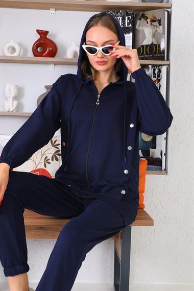 Женский спортивный костюм с кнопками сбоку, цвет темно-синий, высший класс, удобный и стильный для повседневной носки - фото 5
