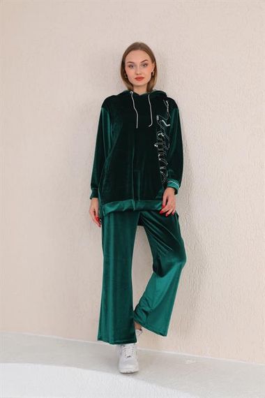 Women's Velvet Stone Embroidered Hooded Set - EMERALD - photo 5