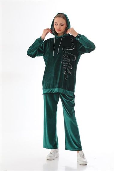 Women's Velvet Stone Embroidered Hooded Set - EMERALD - photo 1