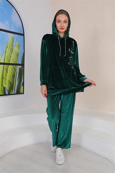 Women's Velvet Stone Embroidered Hooded Set - EMERALD - photo 2
