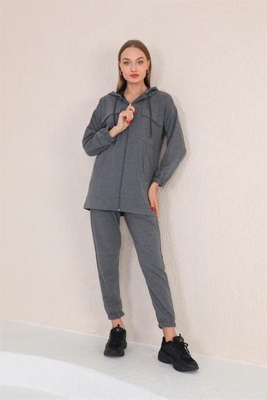 Женский спортивный комплект с карманами, серый, два предмета, капюшон, верх с молнией, удобный трикотаж, идеален для повседневной носки - фото 2