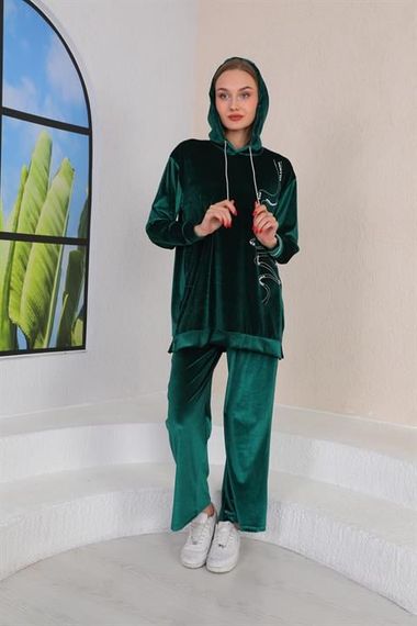 Women's Velvet Stone Embroidered Hooded Set - EMERALD - photo 3